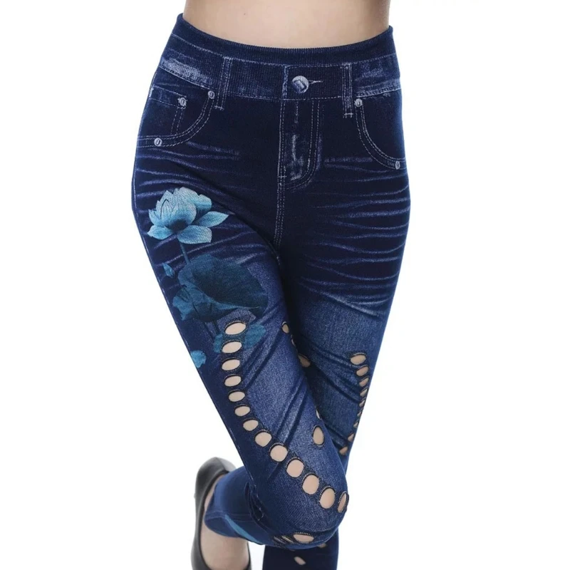 Женские леггинсы с цветочным принтом и вырезами эластичные обтягивающие штаны
