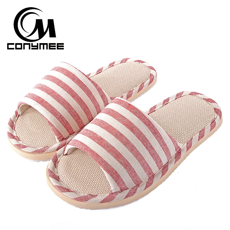 

Summer Women Flax Indoor Slippers Casual Flats Shoes Breathable Linen Beach Sandals Flip Flops Striped Female Home Bath Slippers