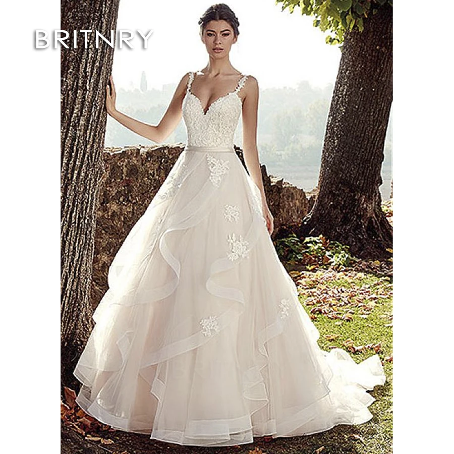 

BRITNRY 2020 A-Line Sleeveless Wedding Dress Beach Bridal Gown Tulle Lace Appliques Wedding Dresses White/Lvory Romantic