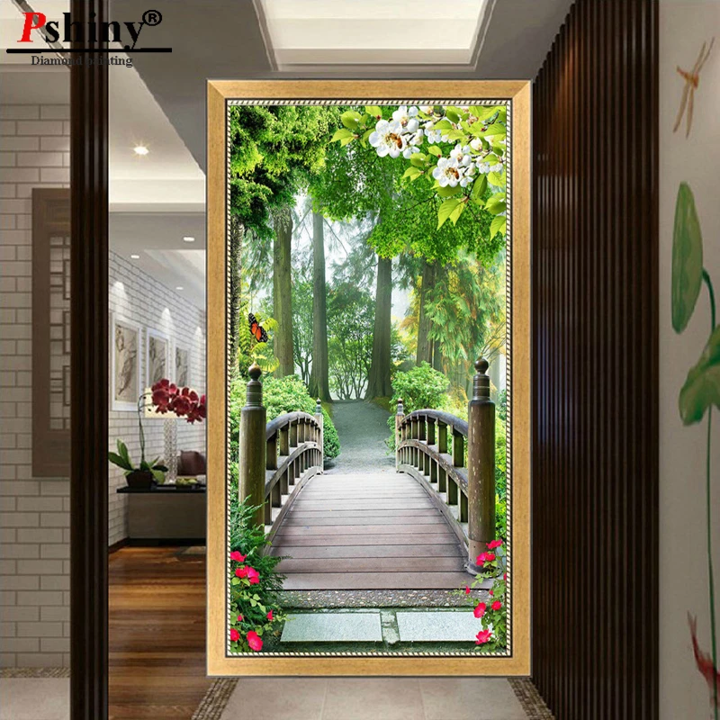 Pshiny DIY 3d Бриллиантовая Вышивка Дерево мост полный квадратный вышивка крестиком рукоделие алмазная живопись цветок картина домашний декор F385