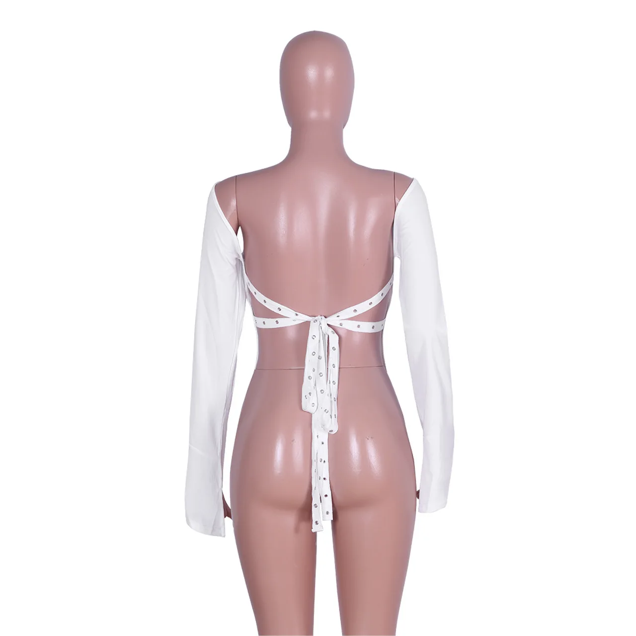 

Echoine Sexy White Long Ruffles Sleeve Backless Short T Shirt Women Fashion Night Club Casual Plus Size S-XXL Tops Clothing
