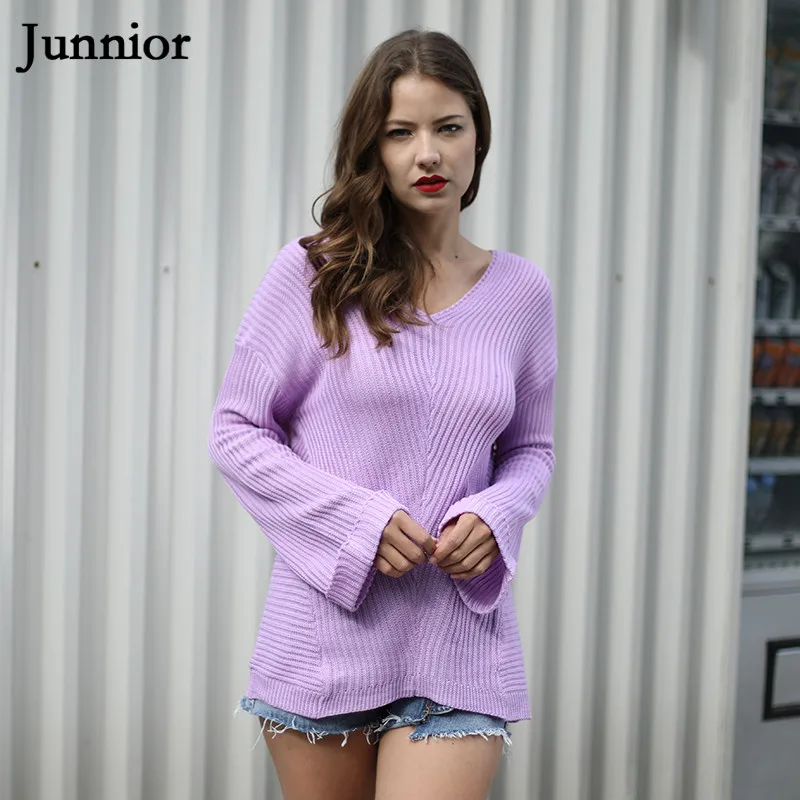 JUNNIOR пуловер Свитера Мода 2018 Женский вязаный свитер с v-образным вырезом от Shoudler