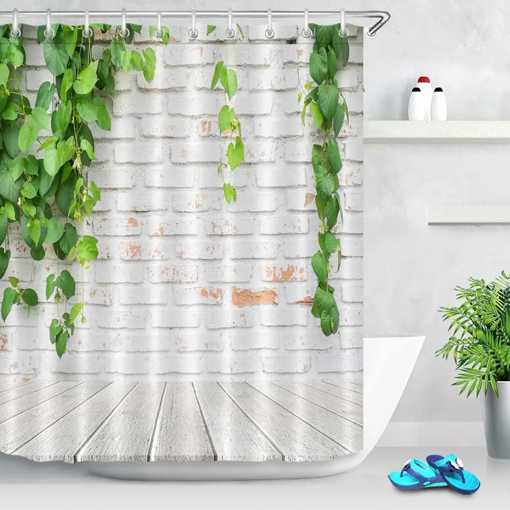 Only Curtain 15020 LB зеленые листья растений белая кирпичная стена и деревянный пол душ занавеска s Водонепроницаемая занавеска для ванной ткань для художественного декора ванной - Цвет: Only Curtain 15020