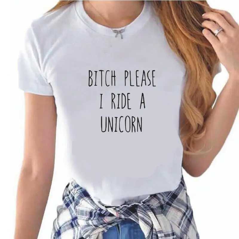 Женская хлопковая футболка с надписью Bitch Please I Ride A Unicorn цвет белый черный смешная