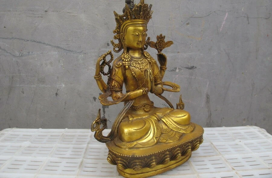 12 &quotТибет Тибетский бронзовая позолота четыре руки Chenrezig Kwan-Yin статуя