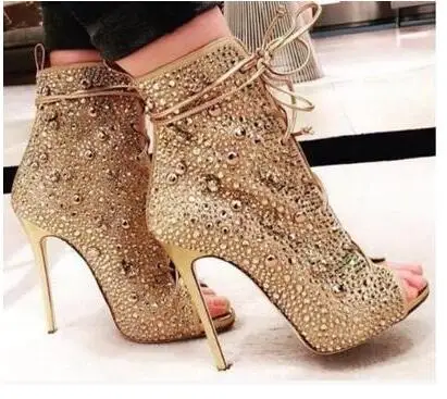 

LoneLinecc Fashion Gold Silvery PU Mid-calf Shoes Lace-Up Round Toe Cross -tied Women's Shoes Thin Heels Peep toe Women's Boots