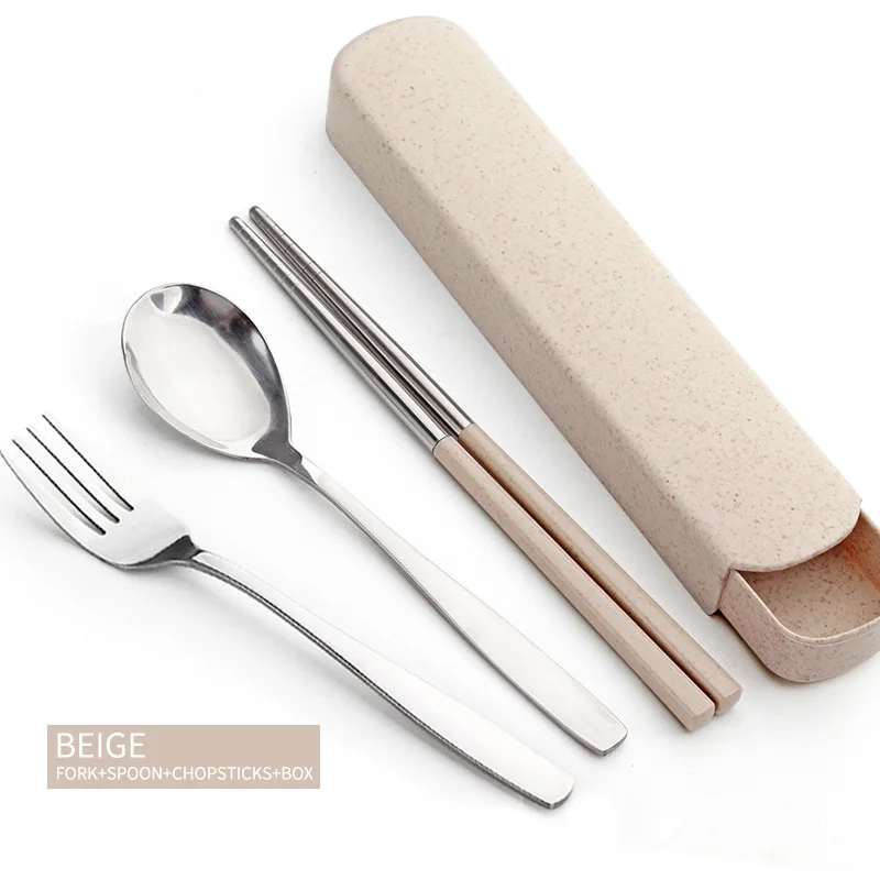 Style A Beige 4 Set WORTHBUY портативный набор посуды из нержавеющей стали Пшеничная солома палочки для еды Ложка Вилка посуда для детей кухонный набор обеденной посуды - Цвет: Style A Beige 4 Set