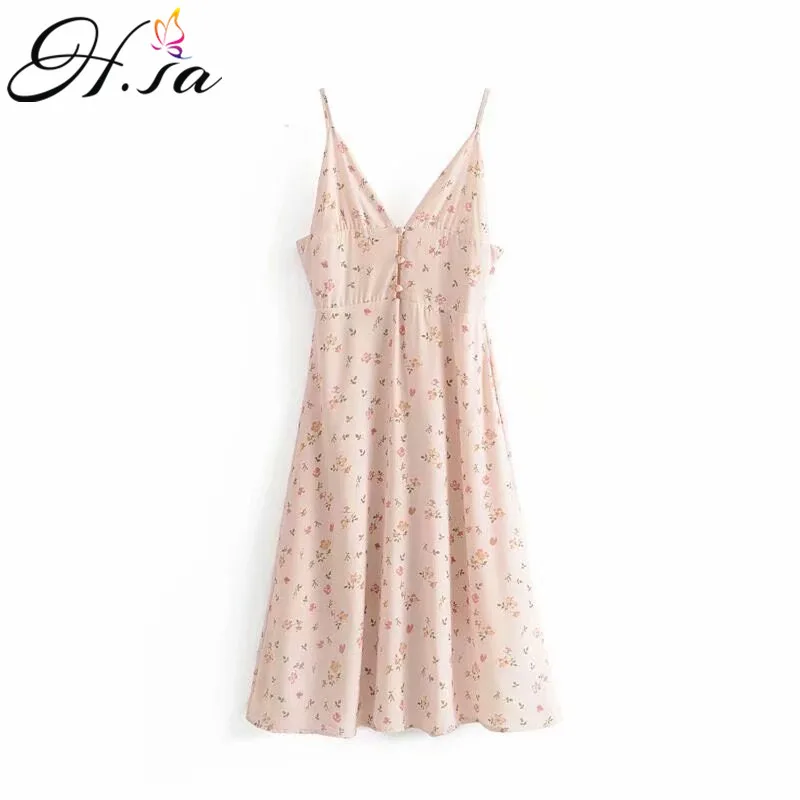 Женское платье с глубоким вырезом H. SA бежевое без рукавов цветочным принтом