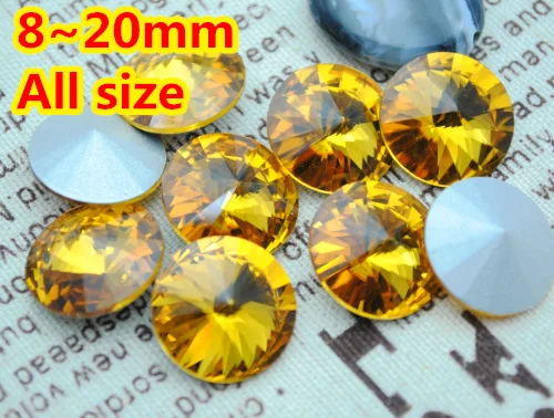 

100pcs/lot Topaz Color 8mm,10mm,12mm,14mm,16mm,18mm,20mm Chinese Top Quality Round Fancy Stone Rivoli glass beads Free Shipping