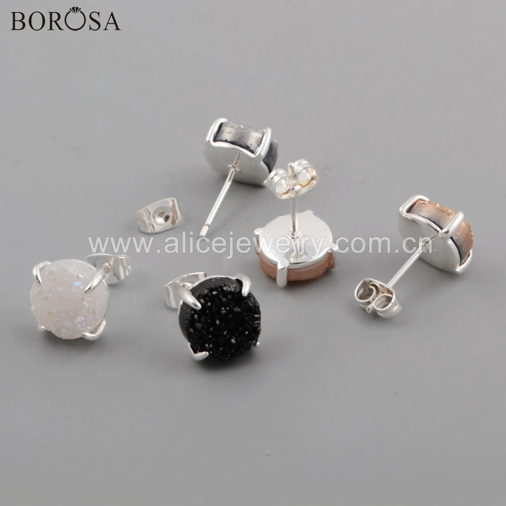 BOROSA 5 пар 10 мм круглый серебряный коготь титан радуга натуральный кулон agates Druzy серьги гвоздики ювелирные изделия для женщин ZS0132