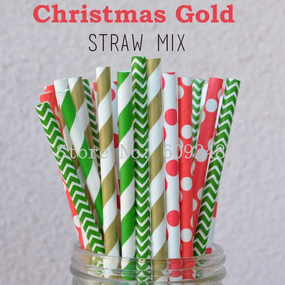 

125pcs Mixed Colors Christmas Gold Drinking Paper Straws,Green Stripe and Chevron,Gold Striped,Red Polka Dot,Holiday Party Bulk