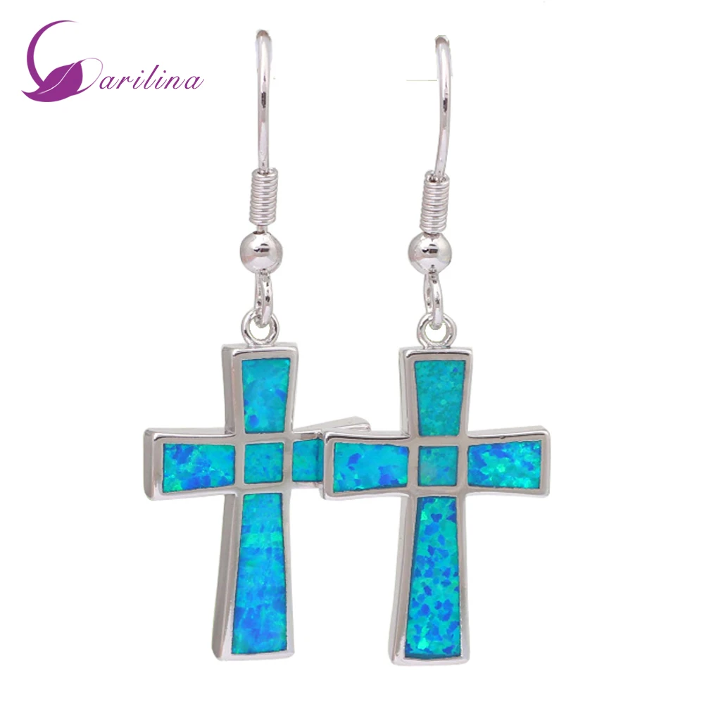 

Fashion Jewelry Silver Color Overlay Jewelry Blue Opal Earrings Cross Earrings E122