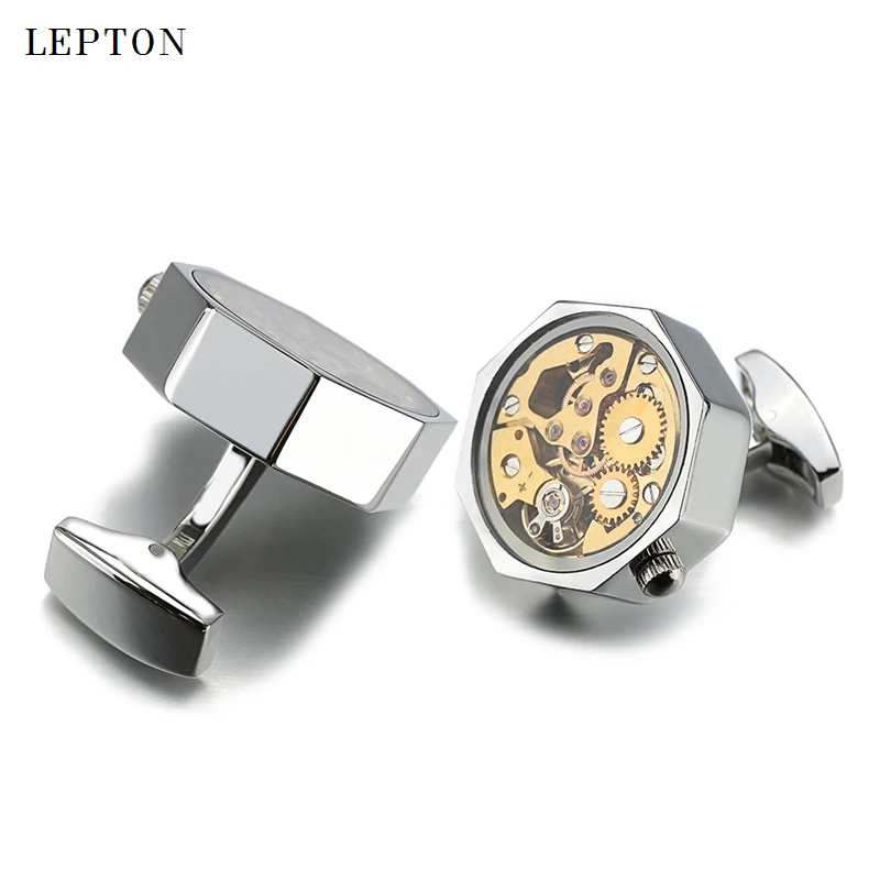 

Low-key Luxury Gold Watch Movement Cufflinks With Glass Lepton Stainless Steel Steampunk Gear Watch Mechanism Cufflinks for Mens
