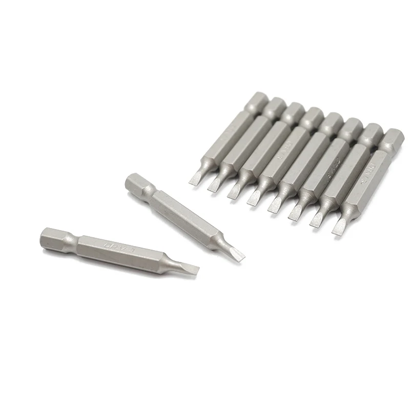 10pcs 1/4 inch Shank Flat Head Slotted Tip Chrome Vanadium Steel 50mm Length SL3 Screwdriver Bit Set For Home Repair Hand Tools