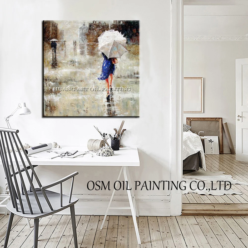 Handmade Oil Painting Abstract Landscape Paintings on Canvas for Room Decor Blue Skirt Woman Hold Umbrella at Street | Дом и сад