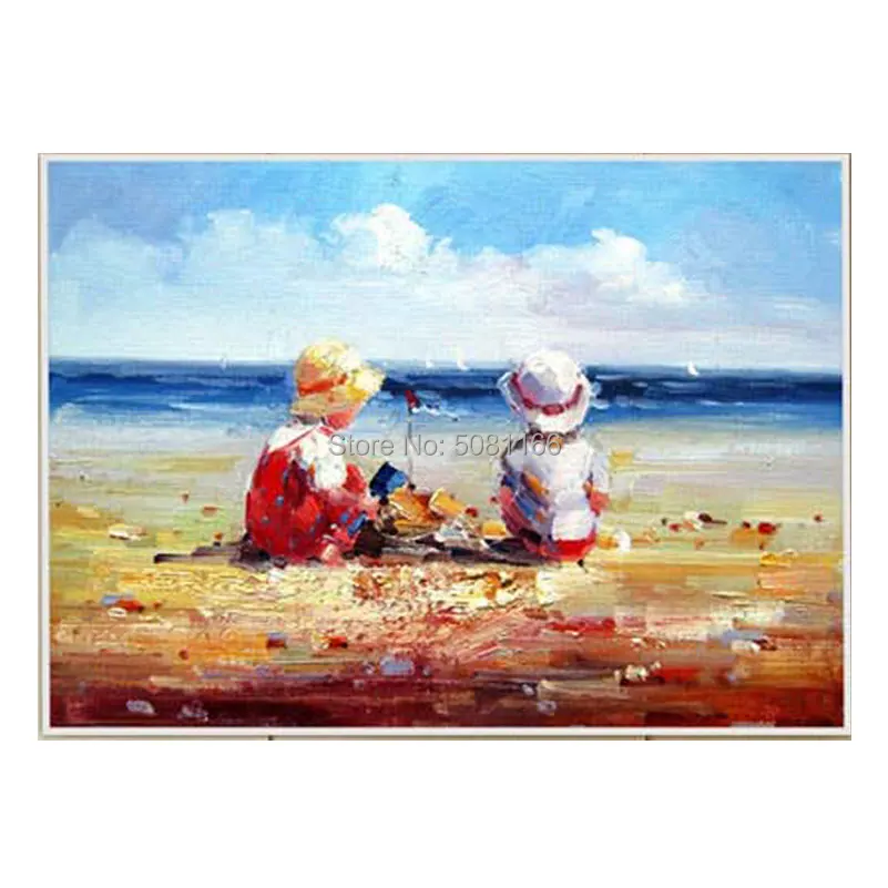 hand painted European style oil painting kids on beach canvas wall picture sea view pictures for living room | Дом и сад