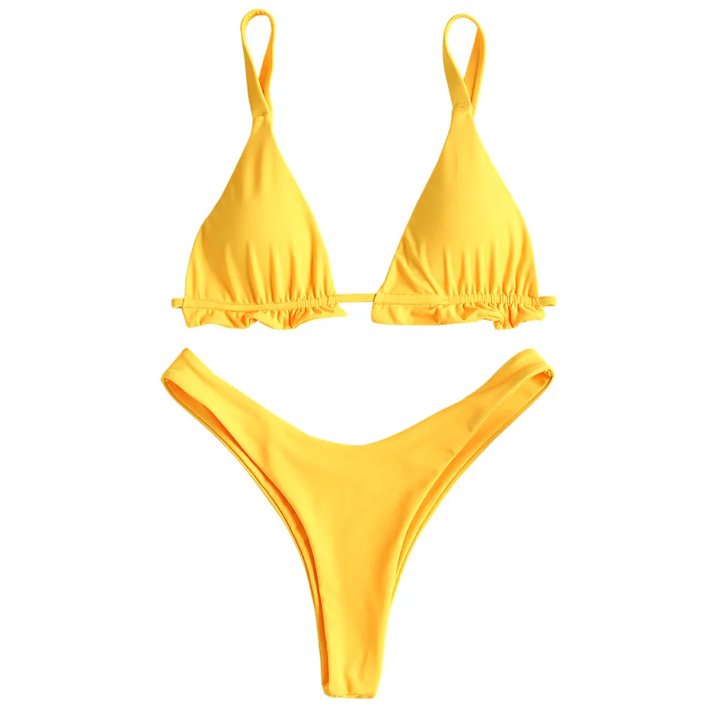 Rubber Ducky Yellow ZAFUL Набор бикини с оборками и стрингами с высокой талией Набор бикини с оборками и оборками Высокий вырез Бикини Сексуальный купальник Женщины Купальные купальники - Цвет: Rubber Ducky Yellow