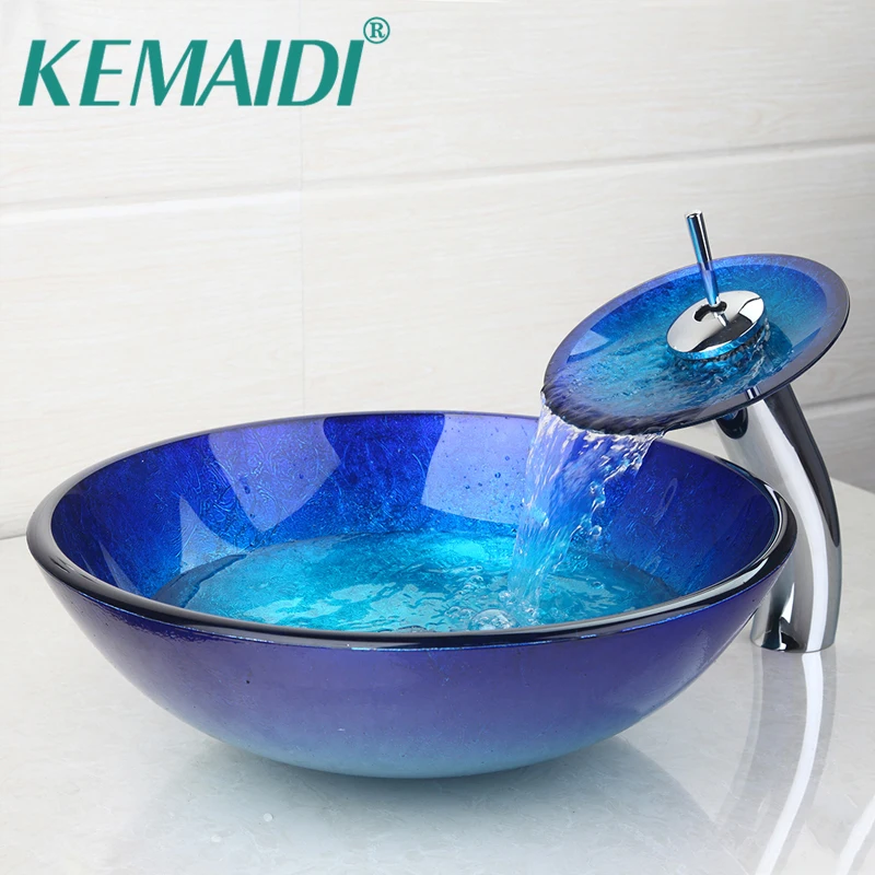 

KEMAIDI Bathroom Round Bule Tempered Glass Oval Wash Basin W/ORB brushed Faucet Sink Combo Set + Pop Up Sink Drain