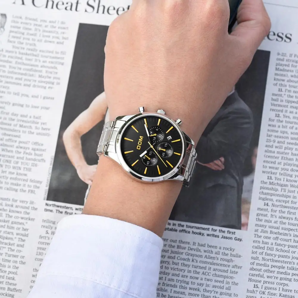 Reloj Dom спортивные мужские часы кварцевые с тремя глазами серебряные бизнес Топ