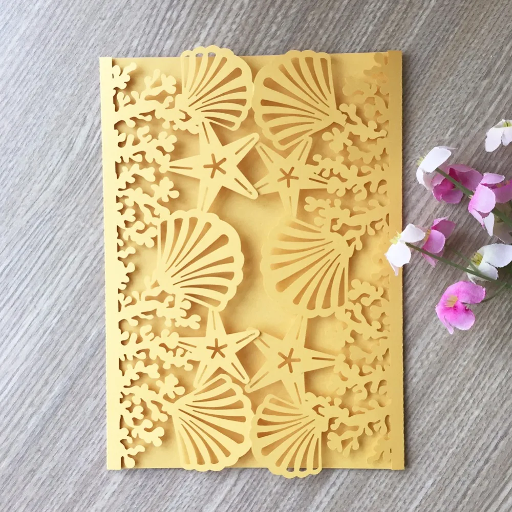 

50pcs Beach theme Wedding Birthday Invitation card with Shell starfish Decoration Laser cut Pearl Paper Card Postcards Supplies