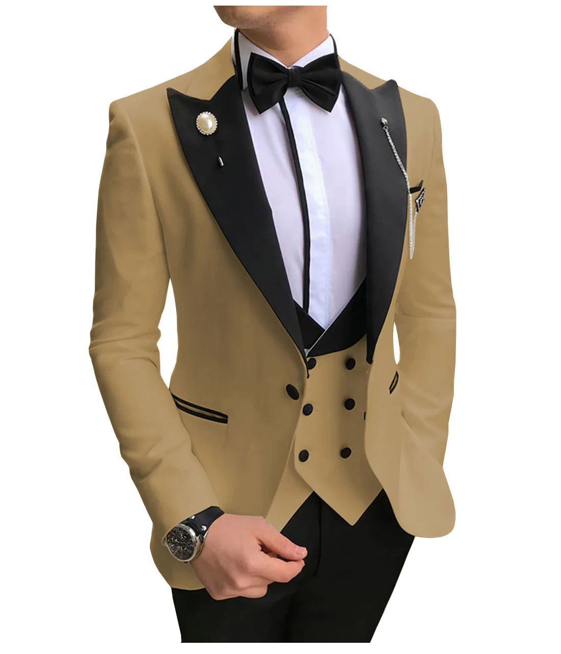 khaki Мужские костюмы из 3 предметов, приталенные деловые костюмы, смокинги для жениха, цвета шампанского, благородные, серые, белые, для официальных свадеб, костюм(Блейзер+ брюки+ жилет - Цвет: khaki