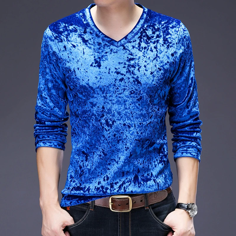 Новый дизайн зима 2017 мужские толстые золотые бархатные футболки модные стильные