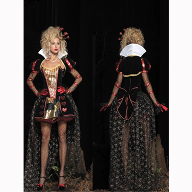 

Black Deluxe Queen Costumes queen of the heart costume cosplay carnival party fancy Halloween fashion Lace dress with Lace Golve