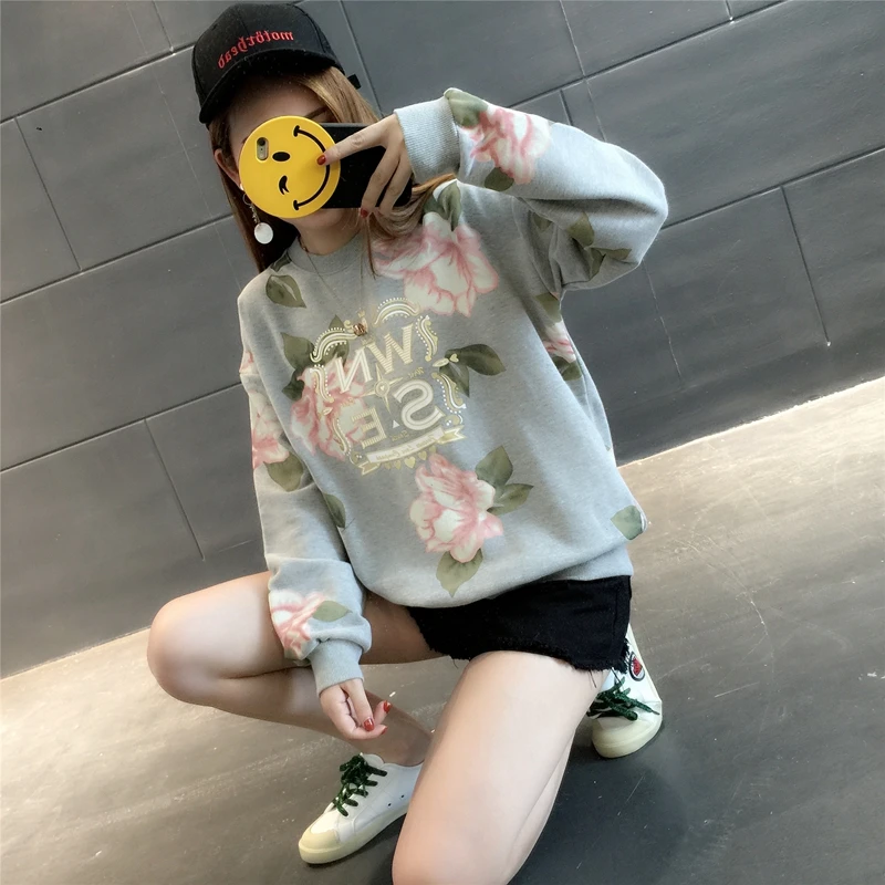 Для женщин свитер Женская мода Хеджирование свободные с цветочным принтом осень