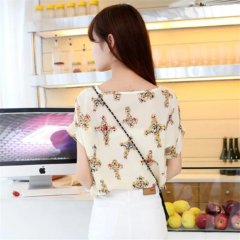 #4522 для женщин блузки малышек короткий рукав повседневное цветочный принт