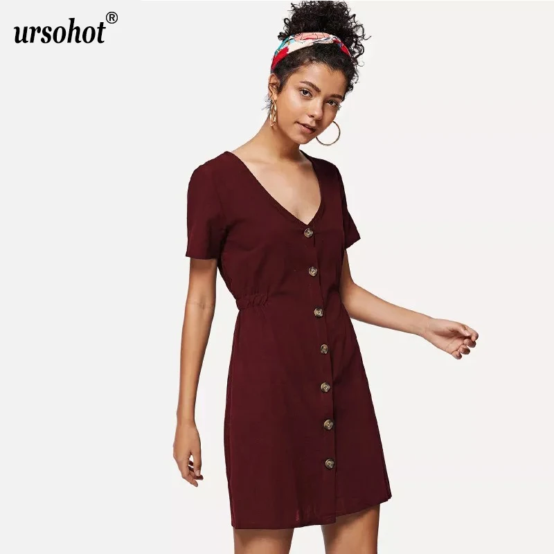 Ursohot/модное повседневное однотонное платье-туника с глубоким v-образным вырезом и