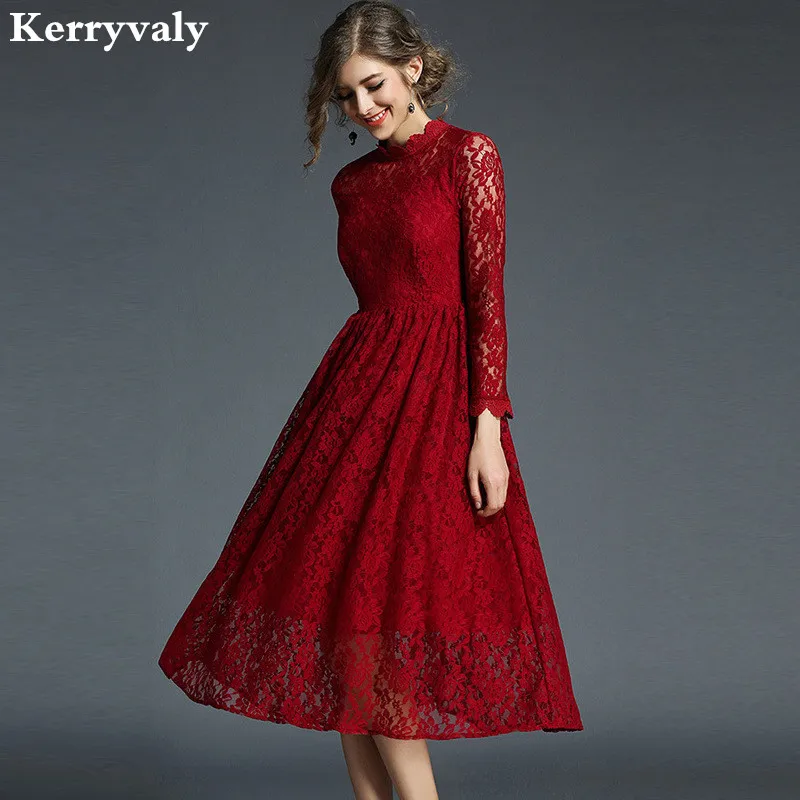 Красный Новогоднее весеннее Красное Кружевное рождественское платье Robe De Soiree Longue Robe винтажное женское платье Kerst Jurk ropa mujer K8108 - Цвет: Красный