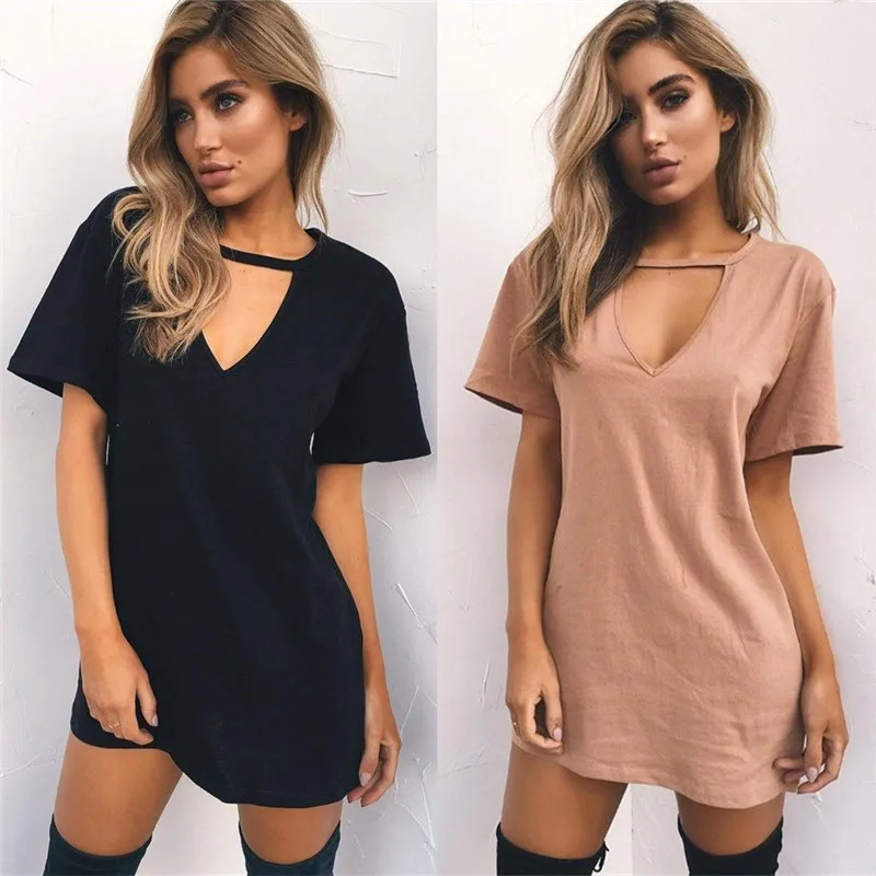 Сексуальные летние платья из хлопка с v-образным вырезом, женское однотонное повседневное Свободное платье, женское мини платье трапециевидной формы размера плюс 3XL, платье-футболка