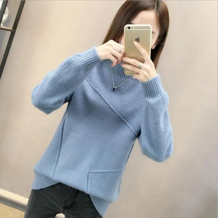 Blue Новое поступление, зима, корейская модная одежда, Женские повседневные пуловеры, вязанные свободные топы с высоким воротом, толстый фиолетовый свитер D659 - Цвет: Blue