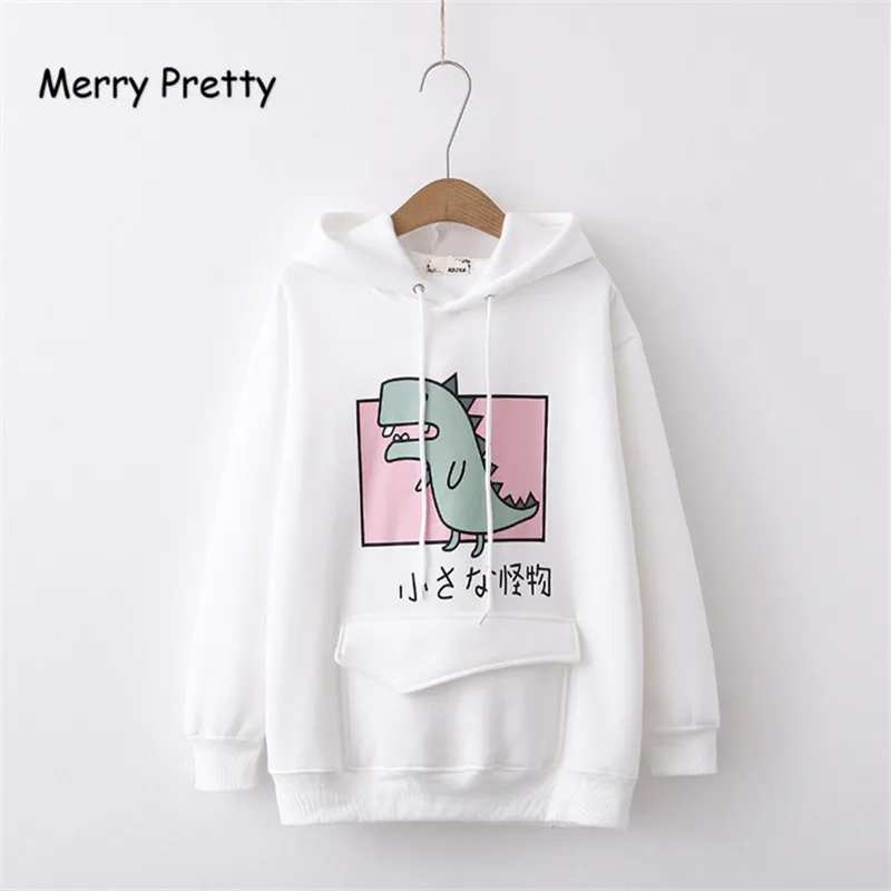 Белый Merry Pretty зима флис толстые толстовки мультфильм Динозавр печатных толстовка женская одежда сладкий пуловер с капюшоном на шнурке - Цвет: Белый