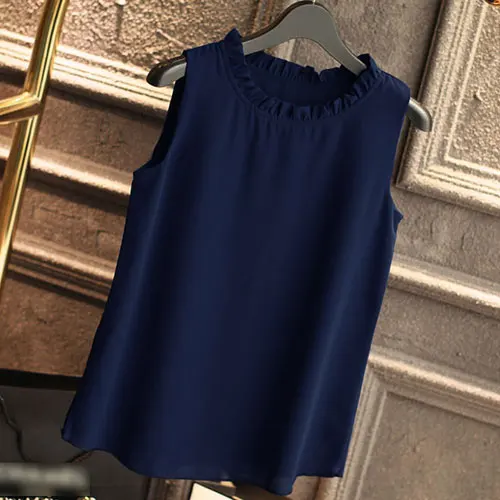 Navy blue GAREMAY рубашка женские летние шифоновые топы белые блузки без рукавов для женщин Одежда с рюшами элегантные винтажные женские рубашки T098 - Цвет: Navy blue