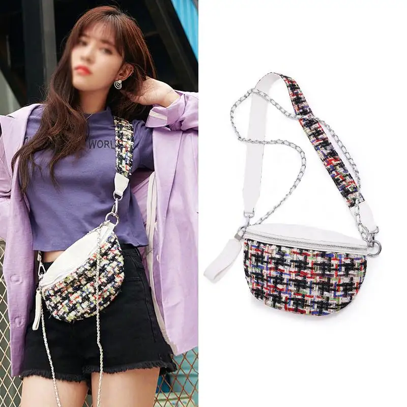 Твид цепи сумка женские трикотажные полотна сумки люксовый бренд карман на поясе