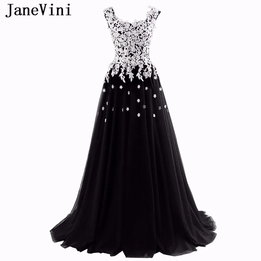 

JaneVini Elegant A Line Black Prom Dresses 2019 Square Neck Sleeveless Appliques Lace-up Back Tulle Plus Size Formal Party Gowns