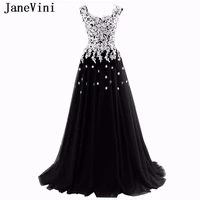 janevini elegant a line black prom dresses 2019 square neck sleeveless appliques lace up back tulle plus size formal party gowns