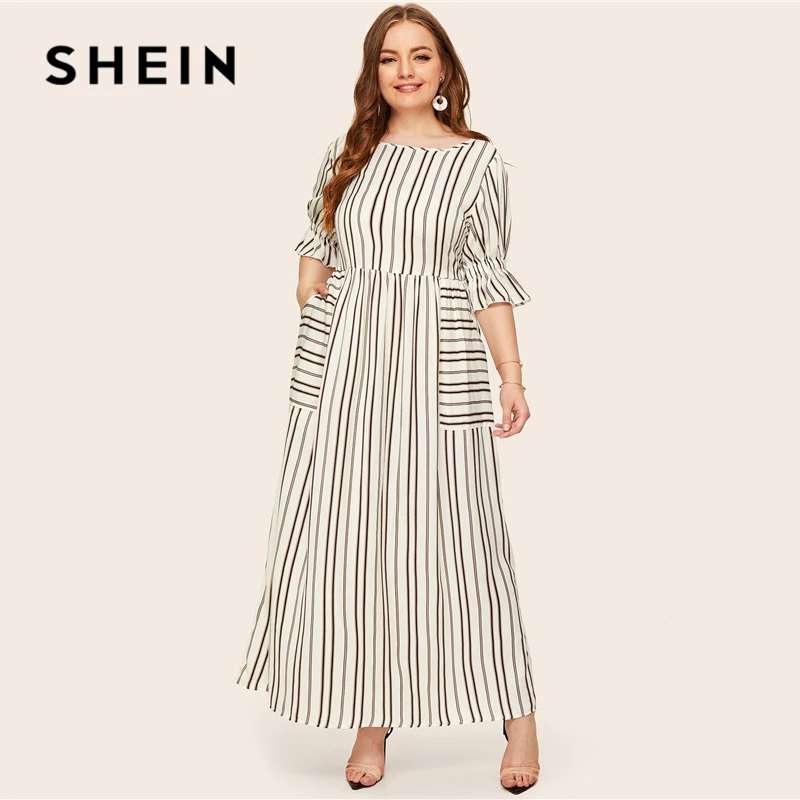 SHEIN, платье размера плюс с воланом, рукавом, накладным карманом, в полоску,, женское, весна-лето, повседневное, с коротким рукавом, с высокой талией, макси платья