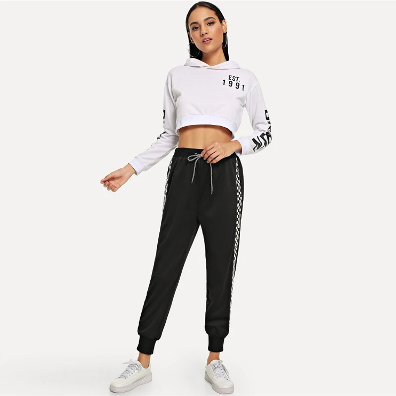 ROMWE Black Drawstring Waist Plaid Panel Pants Women Casual Autumn High Waist Bottoms Sporty Sweatpants Female Sports Trousers