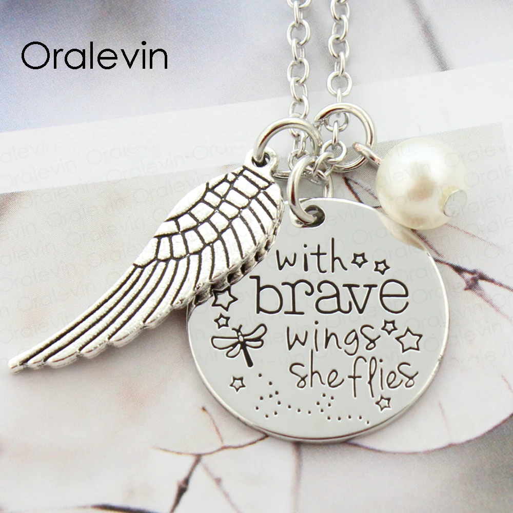 

WITH BRAVE WINGS SHE FLIES Inspirational Hand Stamped Quote Angel Wing Necklace Gift Jewelry,10Pcs/Lot, #LN2052