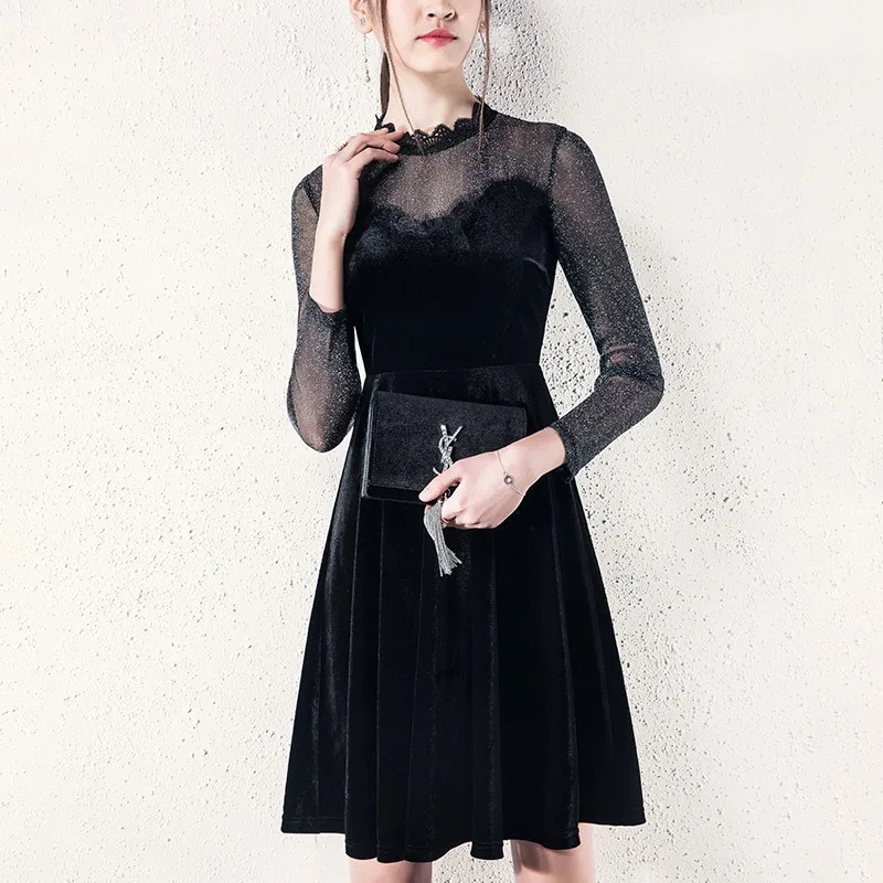 

Splicing Mesh Gold Velvet Dress Ladies Temperament French Dress Long Sleeves Elegant Small Black Dress