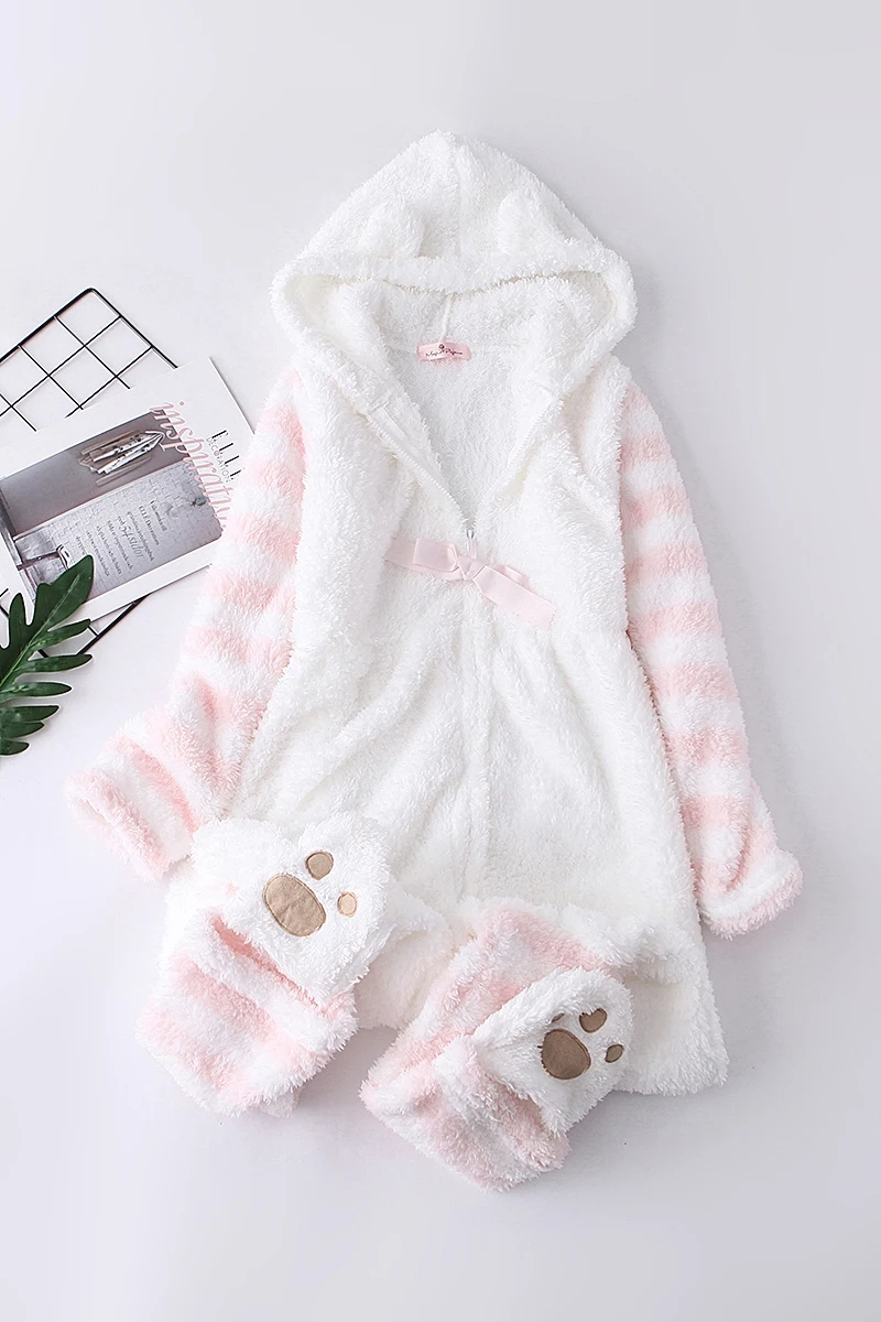 Японская зимняя женская пижама комбинезон Kawaii Cat Lovely Ear с длинным рукавом розовый