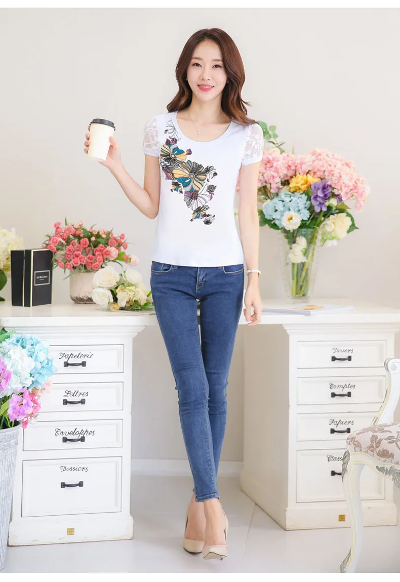 Camisetas verano mujer женские Стразы с коротким рукавом футболки женские топы с бриллиантами цветочный принт женские футболки Vetement Femme