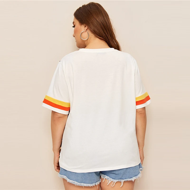 SHEIN, Женский Топ в полоску с леопардовым принтом размера плюс, лето, разноцветная Повседневная футболка с круглым вырезом, уличная футболка