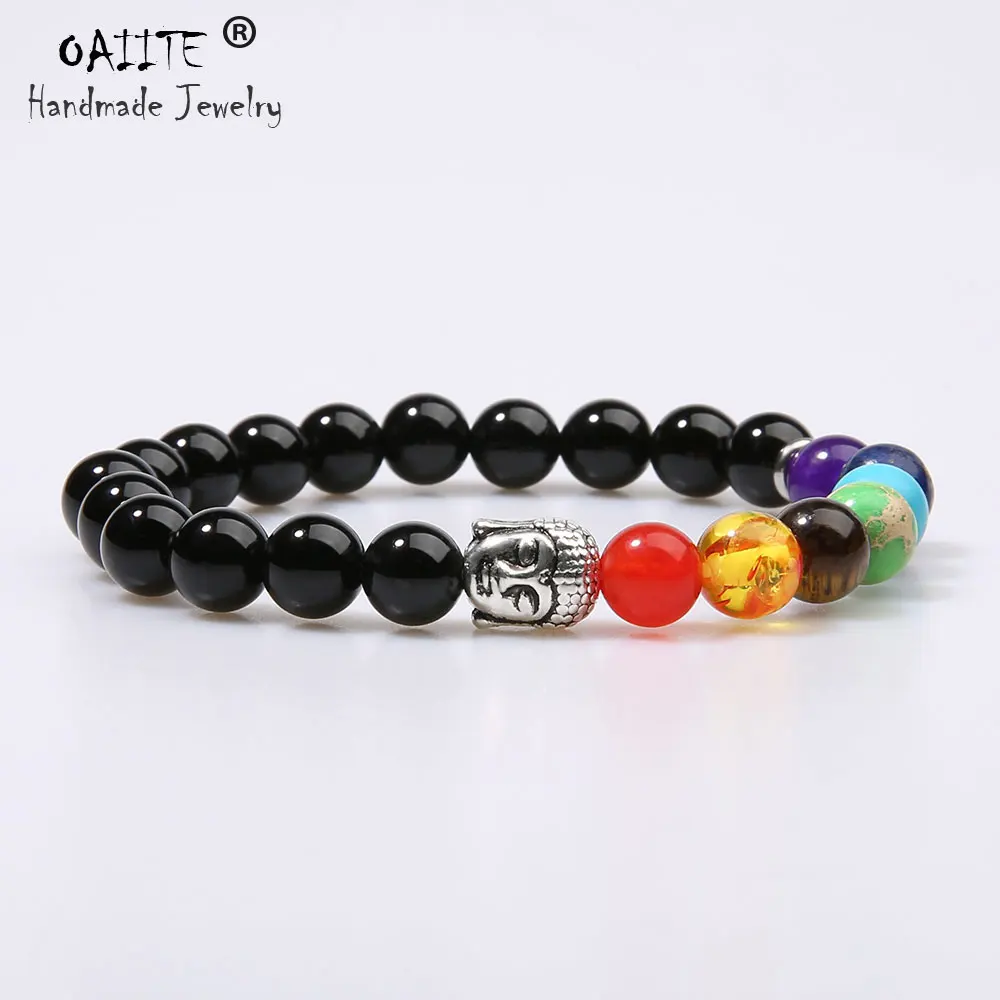 OAIITE 7 Chakra Strand Эластичный Браслет голова Будды молитва натуральный камень Йога