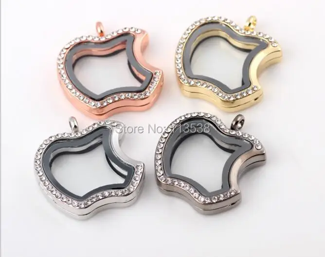 

10pcs lot 30*33mm apple shape Rhinestone lovely Memory Photo Magnet Glass Living Floating Locket necklace pendant Zinc Alloy