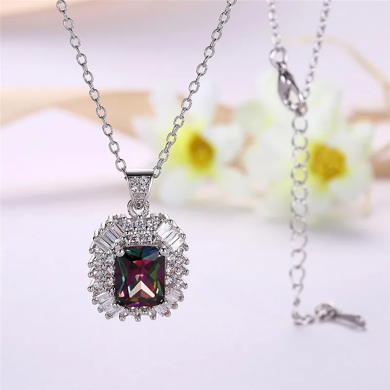 Luxury Trendy Link Chain Colorful Square Crystal Pendant Necklace Fashion Design Flower Jewelry Cubic Zircon Necklaces For Women | Украшения