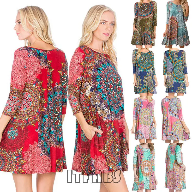 Свободное Повседневное платье мини с принтом рукавами семь четвертей и карманом