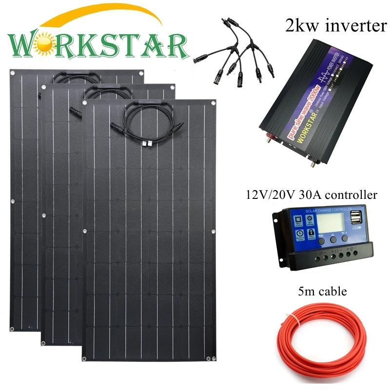

Workstar 100W Flexible Solar Panel 3Pcs Etfe Panel Solar 100W 12V Solar Charger 300W Solar System with 2Kw Inverter